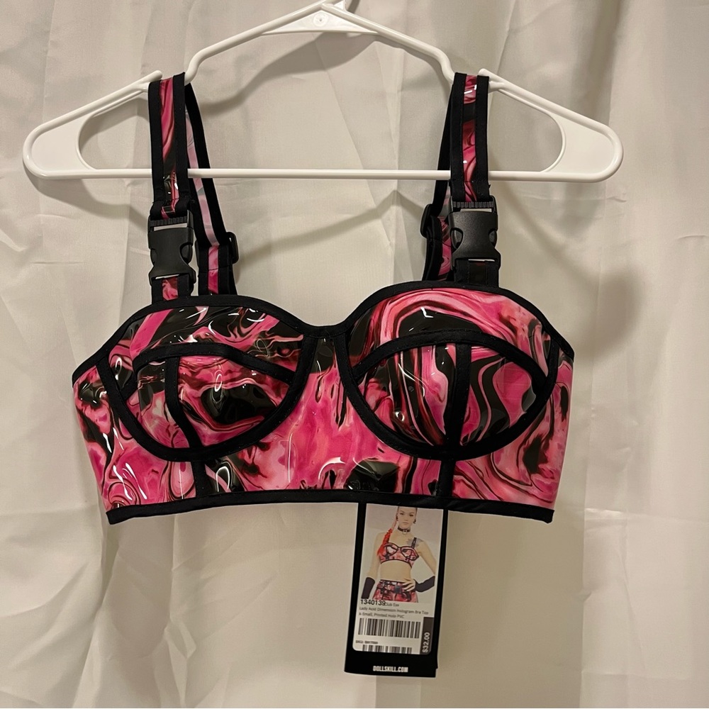 rave set acid wash bra skirt pink adjustable new with tags festival edm pvc XS - Picture 5 of 7